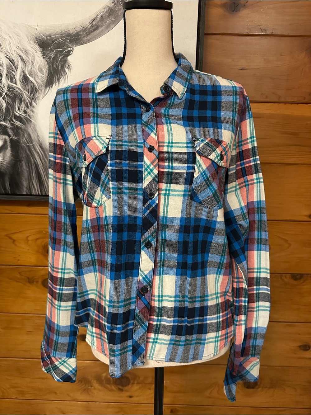 NWOT Volcom Blue, White & Pink Plaid Button-Down Shirt